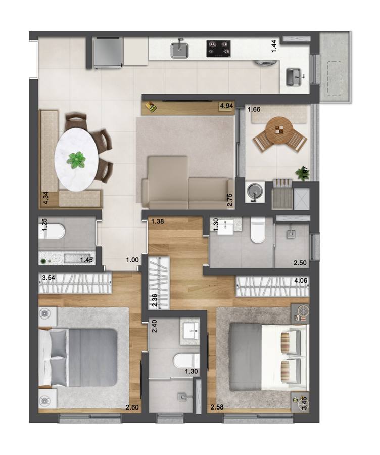 Planta 2 quartos com 2 suites, Unna Residence